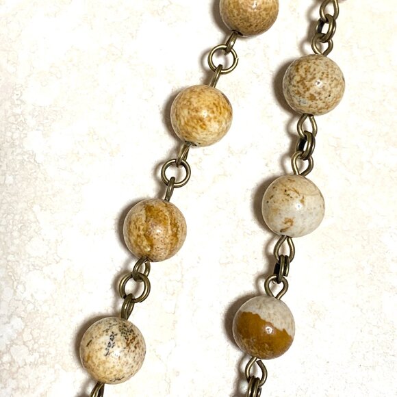 Genuine Yellow Picture Jasper Short Necklace, Cute Bronze Fortune Cat + Gemstone - Picture 8 of 15